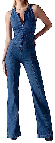 xxxiticat Mono de mezclilla sexy sin mangas para mujer, de discoteca, pelele elástico de una pieza con bolsillo, azul-2, XS