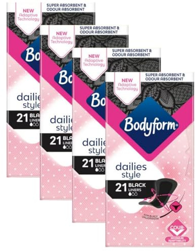 BodyForm Lot de 84 protège-slips noirs super absorbants pour femme - Adaptabilité maximale - Protection hygiénique discrète et confortable - Idéal pour un usage quotidien