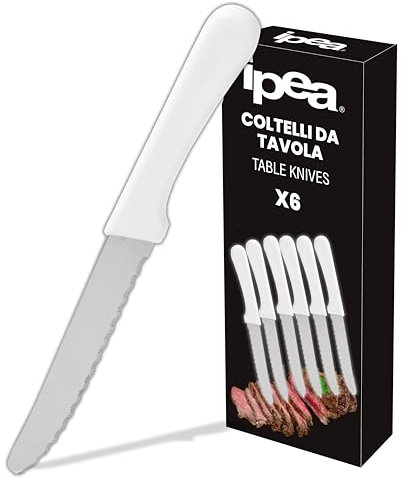 IPEA Coltelli da Tavola Bianchi per Bistecca e Carne punta Tonda- Set da 6 - Coltello Affilati con Lama in Acciaio Inox per Tagliare Carne e Alimenti Pranzo Cena - Posate - Coltelli Casa e Cucina