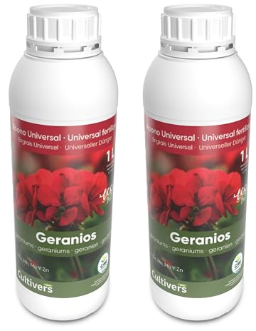 CULTIVERS Fertilizante Geranios Ecológico Líquido 2X1L. Hojas más verdes, Mayor Floración e Intensifica el color. Con Macronutrientes y Micronutrientes. Abono 100% Orgánico y Natural.