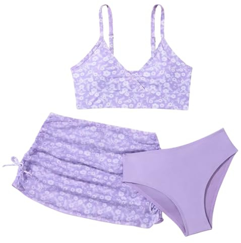 Happy Cherry Ragazze 3 Pezzi Bikini Costumi da Bagno Bambina Costume Mare Spiaggia Piscina Motivo Floreale con Gonna Estiva Swimwear con Imbottitura Rimovibile Viola 12-13 Anni