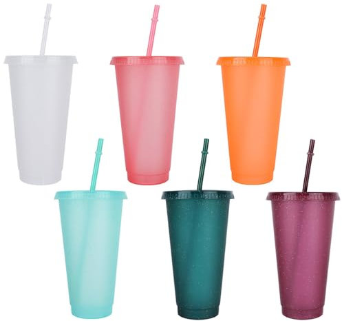 6 Piezas Vasos Plastico de Colores, Vaso de Plástico de PP, Plástico Reutilizables con Tapa y Pajita, Vasos Reutilizables Vasos Inastillable para Fiesta/Parrilla/Cumpleaños/Viajes Familiares