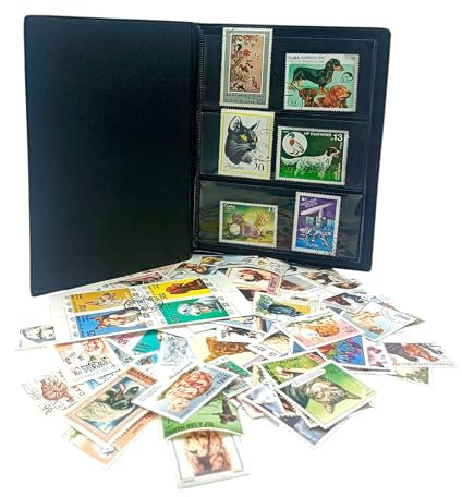 IMPACTO COLECCIONABLES – Colección de 100 Sellos con temática de Perros y Gatos con álbum Incluido (14 x 18 x 1 cm) | Eleve su colección filatélica con Sellos matasellados en un Elegante álbum