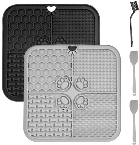 2 Pcs Licky Mats for Dogs Cats Puppy Food Mat, Cat Dog Lick Mats with Suction Cups, Lick Mat for Cats Dogs Pets Slow Feeding Training Bathing Feeder for Food Treats Peanut(20x20cm), with 2 Spreader