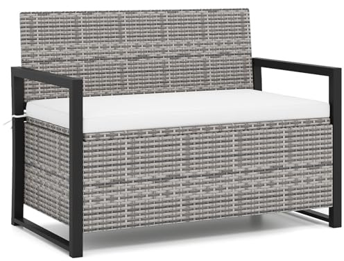 GIANTEX Banco de Jardín de Ratán con Espacio de Almacenamiento de 150 L, 117 x 62 x 85 cm, Banco con Respaldo, Cojín de Asiento y Reposabrazos, Baúl para Balcón, Patio