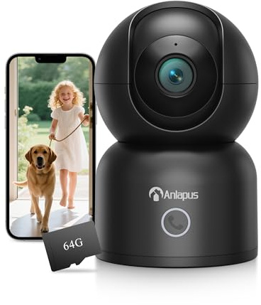 Anlapus A50 4K Pan/Tilt Home Indoor Security Camera, Plug-in WiFi Pet/Baby Monitor with One-Touch Call, AI Human/Pet/Face Tracking, 2.4/5 GHz, Two-Way Talk, Night Vision, 64G Memory Card Storage