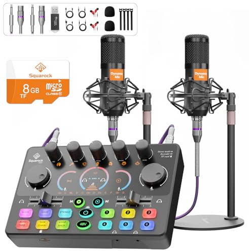 RS2i2 2-Person Podcast Equipment Bundle, Dynamic Mics with Audio Interface | Dual XLR Inputs & Stands,8GB TF-Card Recording, 2-Person Podcast Kit for Vocal Recording,Streaming on PC, Phone, Camera