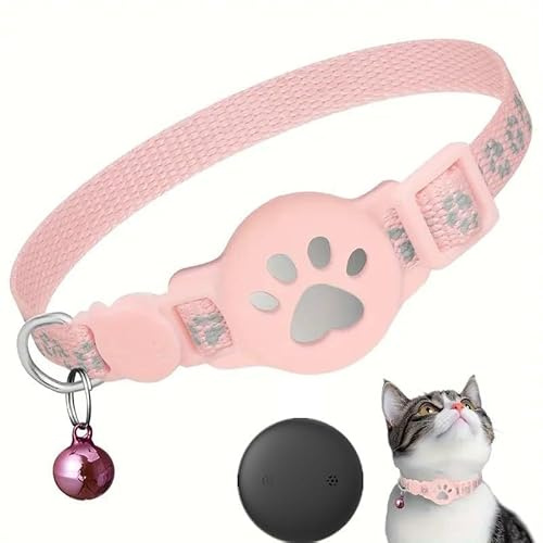 Kattspårningshalsband for små katter - GPS-spårare i realtid for husdjur, ingen månadsavgift, husdjursspårare (endast iOS), inget SIM-kort krävs (halsband + vit spårare)(Pink)
