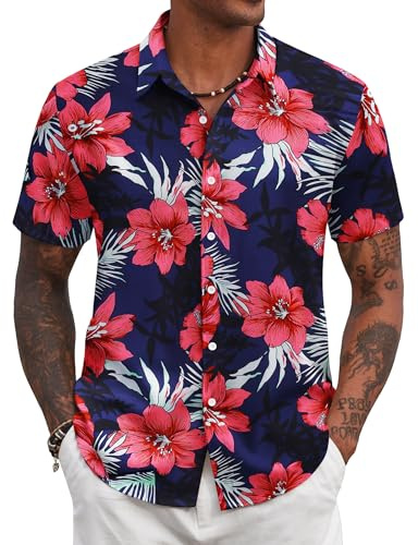 COOFANDY Män sommar hawaiianska skjortor kortärmad ledig normal passform blomma tryckta strandtoppar med ficka