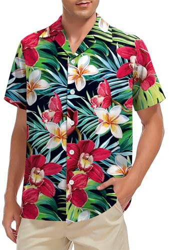 VVNTY Chemise hawaïenne pour homme - Floral - Button-down - Pour la plage - Manches courtes - Top d'été pour les loisirs, Multicolore 2, XL