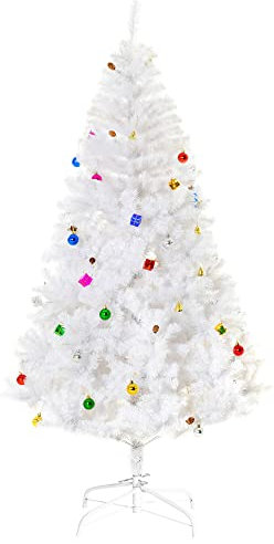 HOMCOM Árbol de Navidad 180cm Artificial Pino con Adornos Decorativos 48 Pcs y Soporte Metálico Color Blanco Árbol Realista para Decoración Navidad