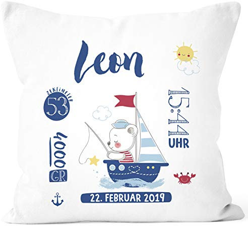 SpecialMe® personalisierbares Kissen zur Geburt Geburtskissen Junge Teddy Kapitän Seefahrer, Namenskissen Geschenk Geburt Baby Wunschname, Kissen-Bezug ohne Füllung weiß Unisize