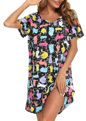 ENJOYNIGHT Camisón para mujer de verano, de algodón, con estampado, manga corta, camiseta, camisón de dormir, ropa de noche, vestido de noche, L