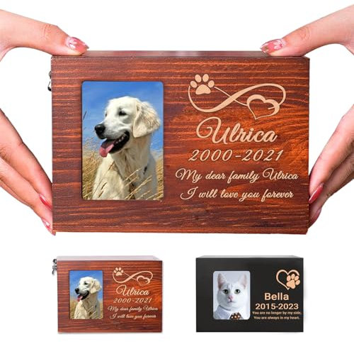 Buaodam Urna Cenizas Perro Personalizadas, para con Grabado Nombre, Fecha y Texto, con Ranura para Fotos, Caja de Madera de Recuerdo de Urna para Mascotas Personalizada para Perro, Gato (Escultura)