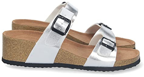 shoes&blues.es 73309 Sandalia de Cuna para Mujer, Comoda, Estilo Bio, Palas Ajustables con Hebilla, y Talon Abierto Plata Talla 37