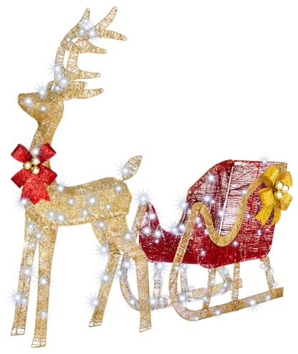 BAKAJI Renna Natalizia Luminosa XXL con Slitta per Esterno con 8 Funzioni di Luce, Decorazione Natalizia 120 cm Altezza, Decorazioni Addobbi LED di Natale per Giardino (Bianco Freddo)