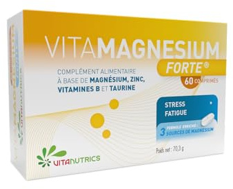 Vitanutrics Vitamagnesium Forte - 3 sels de magnésium - Bisglycinate - Glycérophosphate - Citrate - Stress & fatigue musculaire - Vegan - Fabriqué en France (60 comprimés)