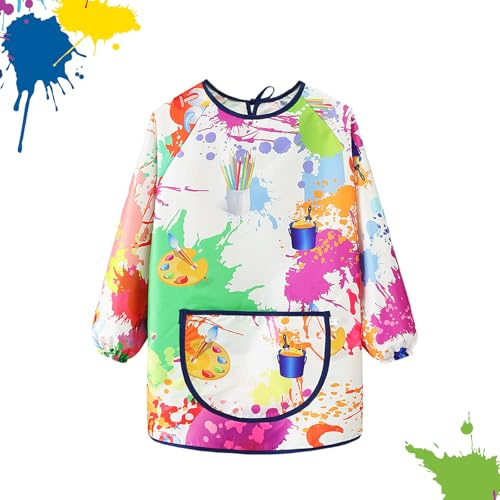 POPAPIE Tablier Peinture Enfant Blouse Peinture Imperméable Tablier Enfant Manches Longues avec Poche Graffiti Tablier de Peinture pour Filles et Garçons Cuisine