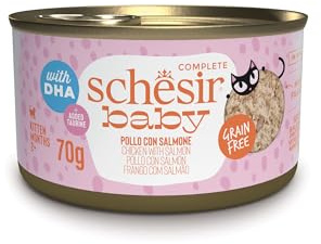 Schesir Baby, Filettini di Pollo con Salmone in Brodo, Alimento Umido Completo per Gattini, Grain Free, con DHA e Taurina, Fonte di Idratazione, 12 x 70 g
