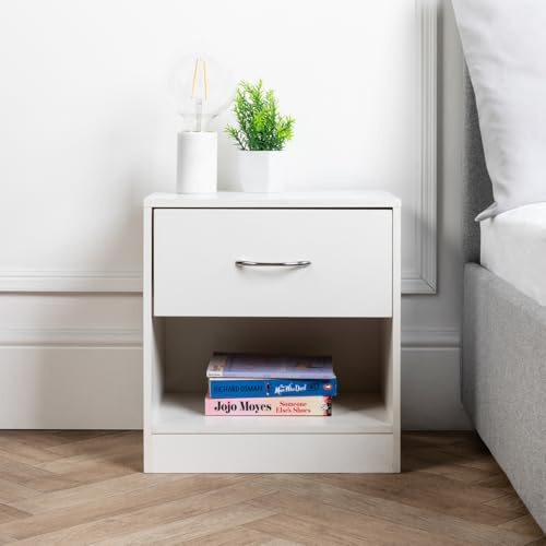 Home Treats Wooden Bedside Table White | 1 Draw Nightstand with Storage Shelf | Side Table Bedroom Storage Furniture (Set of 1, White)