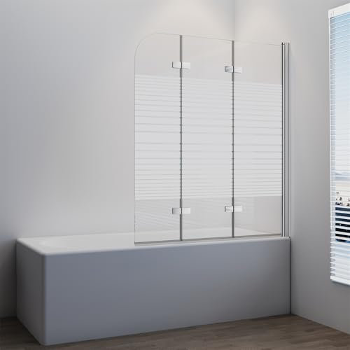 IMPTS Duschwand Faltwand für Badewanne 3 teilig, Badewannenaufsatz mit Milchglas Streifen 130x140cm Badewannenfaltwand Duschabtrennung mit 6mm Teilsatiniert Nano ESG Glas 180° Schwingen