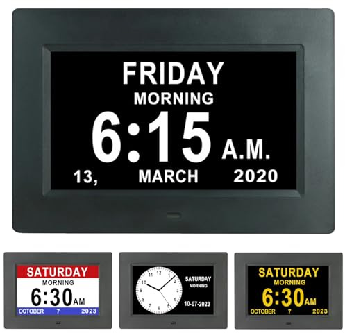 PZCC 7 Pollici LCD Orologio Digitale Calendario con Data Giorno E Ora Orologio Non Abbreviato Auto Dimming 8 Lingue HD Display Promemoria per Alzheimer Anziani e Bambini (nero)