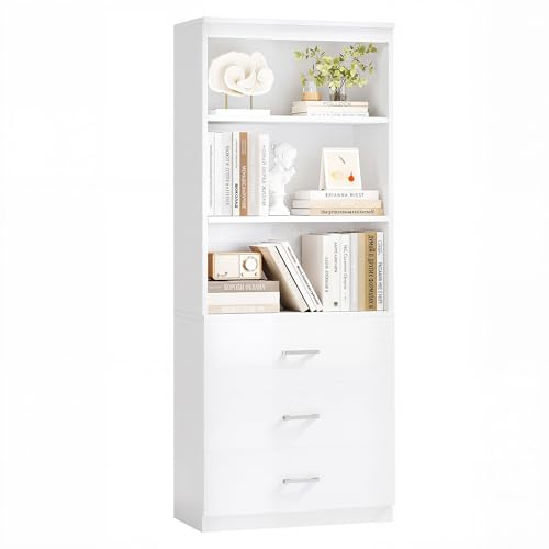 Flrrtenv Bookshelf 6-Tier Tall Bookcase with Drawers, 180cm Wood Book Shelf Storage Cabinet, Freestanding Open Display Shelves for Bedroom, Living Room, Office, White