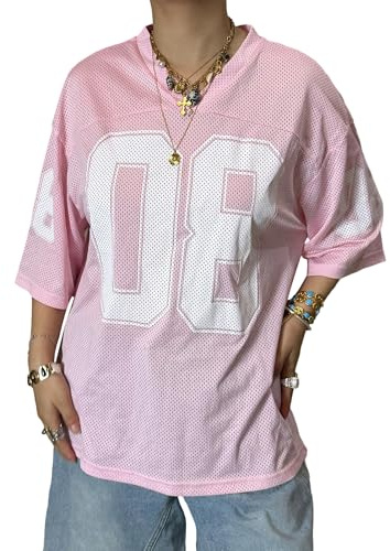 T-shirts en jersey surdimensionnés pour femmes Y2k, t-shirt graphique numérique esthétique, col en V, manches courtes, coupe ample, haut streetwear, E rose., S