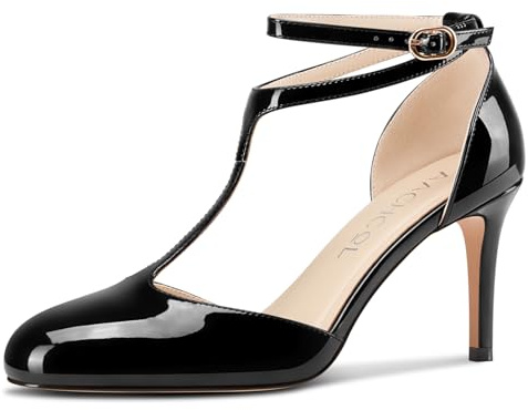 Aachcol Femmes Rond Bout T-Strap Aiguille Haut High Talon Heel Lanières Cheville Mary Jane Escarpins Bureau Party Dress Chaussures 8 CM Heels Noir 40 EU
