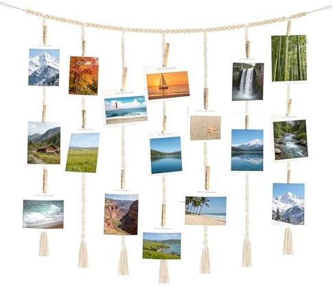 FontFable fotovägg bildram collage, fotorep med träpärlor och 45 klämmor, gör-det-själv fotodisplay, hängande bildram sovrum vardagsrum sovsal för personlig fotovisning