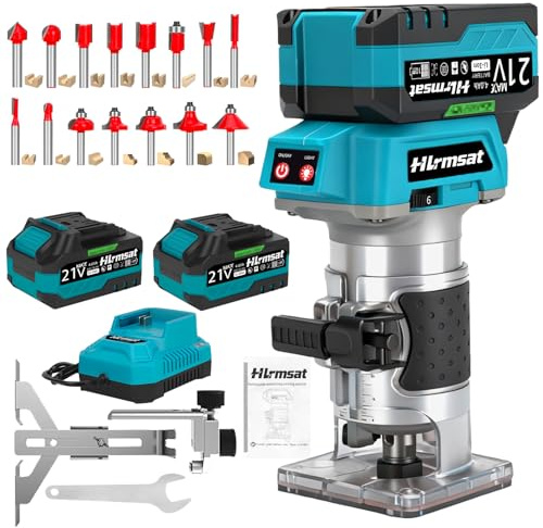 Hlrmsat Cordless Wood Router,21V Brushless Palm Router with 2×4.0Ah Battery,6-Speed Adjustment & 15-Piece Router Bits,Fresadora Para Madera for Edge Profiling,Grooving,Dovetailing Woodworking Projects