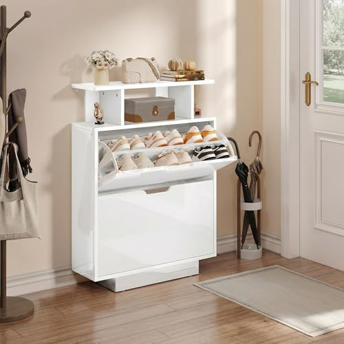 YITAHOME Shoe Storage Cabinet, High Gloss Slim Shoe Cabinet, Space Saving Shoe Cupboard with 2 Flip Drawers for Hallway, Entryway, Living Room, 80W x 24D x 106H cm, White