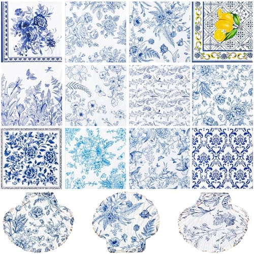 Crtiin 48 Pack 12 Styles Decoupage Napkins Assorted Floral Decorative Decoupage Napkins Chinoiserie Cocktail Decorative Paper for DIY Crafting Birthday Party Baby Shower