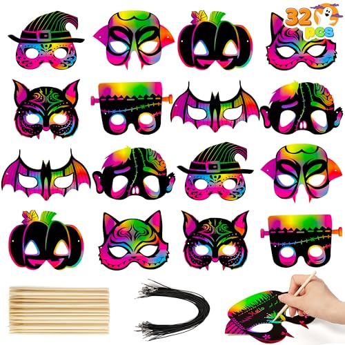 JOYIN 32 Pcs Scratch Masks Set With 8 Designs for Arts and Crafts, Activity Book, Trick-or-Treat, Halloween Party Favors and Event Supplies