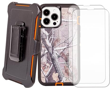 WallSkiN Schutzhülle für iPhone 13 Pro (6,1 Zoll) mit 2 Displayschutzfolien, robuster Ganzkörper-Fallschutz in Militärqualität, Holster für Herren, Gürtel mit Clip-Ständer, Camouflage