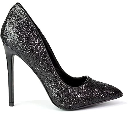Womens Glitter Stiletto Heel Pointed Toe Ladies Sparkly Party Court Shoes Size 3-8