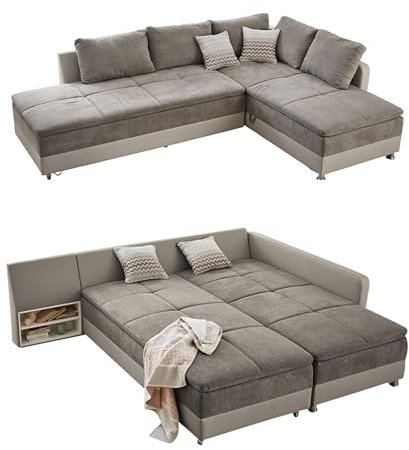 Federkern Ecksofa B306/T223/H95 cm Dauerschläfer, Doppelbett Schlaffunktion, Kaltschaum-Topper, Bettkasten, Regal, Schwenkteil LINKS, Mikrofaser-Bezug Grau Braun, Korpus Kunstleder Beige / 15101