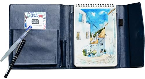 Viviva VV276054 Aquarell Reise Set A5, Kunstleder - Etui mit 16 lebendigen Aquarellfarben, Wassertankpinsel, schwarzer Marker in 0.5mm und Skizzenbuch mit 24 Blatt a 200g/m² in der Größe - A5