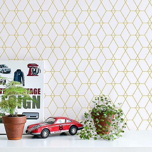 VaryPaper Papier Peint Geometrique Moderne 44.5cmx200cm Papier Peint Blanc et or Papier Collant pour Meuble Rouleau Adhesif Decoratif Papier Peint Salle de Bain Salon Chambre Papier Vinyl Autocollant