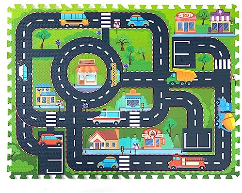 PLAY 10 Foam Play Mat for Baby, Interlocking Foam Tiles, City Road Track Puzzle Mat 12 Pieces