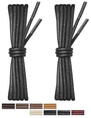 Puzeam 2 paires de Lacets Ronds Cirés de 3mm Fins pour Homme - Lacet en Cuir pour Chaussures de Ville, Chaussures Habillées et Bottines Noir 90