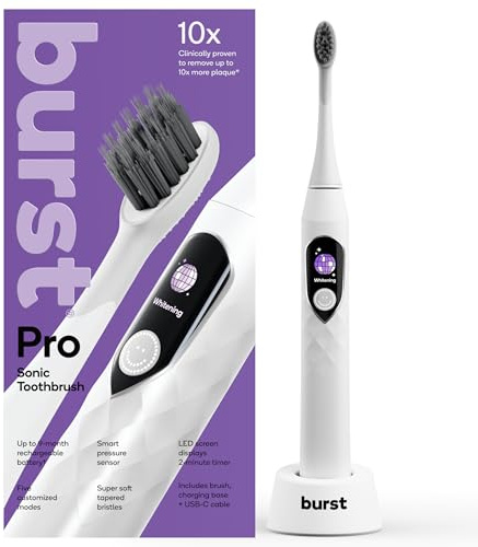 Burst Pro Sonic Advanced Spazzolino elettrico per adulti (bianco) | Setole morbide | 33.000 vibrazioni | Batteria a lunga durata e molteplici modalità di spazzolatura