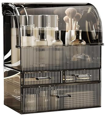 SIOOUI Acrylic Makeup Organizer, XL High-Capacity Cosmetic & Skincare Storage Case with 3 Drawers and Waterproof Cover, for Vanity Desk, Bathroom Countertop, Dresser (Black)