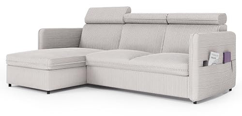 GREKPOL Sofa mit Schlaffunktion 160x220 - Beige Sofa Cord - Ecksofa mit Schlaffunktion und Bettkasten - Schlafsofa mit Bettkasten