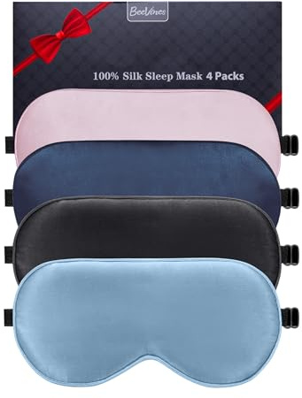 BeeVines Sleep Mask, 4 Packs 100% Real Natural Pure Silk Eye Masks with Adjustable Strap for Sleeping, Mulberry Silk Eye Sleep Shade Cover, Block Light Reduces Puffy Eyes Traveling Gifts