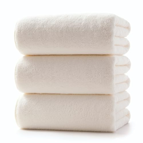 Lumimi Towels 3 Piece Very Soft Microfiber Bath Sheet Towel Set Super Absorbent Light Quick Dry and Durable, 55 L x 27 W, 3 Pack Cream White