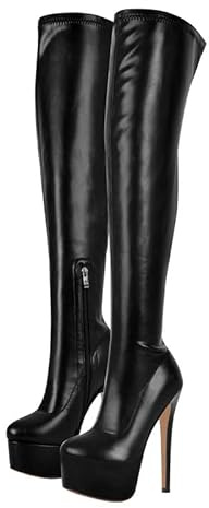 blingqueen Women's Metallic Platform Thigh High Boots with Zipper Side Zip Up Long Shaft Over the Knee High Boots Sexy Stiletto Heel PU Leather Motorcycle Riding Booties Black Tall Booties Size 11