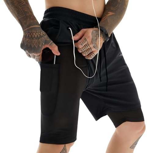 Kompressionsshorts för män, sport 2-i-1 dubbla lager löparshorts snabbtorkande fitness korta byxor med ficka, svart, 3XL
