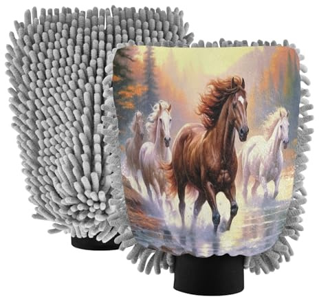 Ttgoth Guanto per lavaggio auto con cavallo da corsa, 2 pezzi, in microfibra, assorbente, senza striature, guanto per la pulizia dell'auto, riutilizzabile, per asciugare i dettagli, 18 x 26 cm