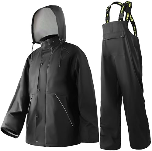 Navis Marine Combinaison de Pluie imperméable homme Tenue de travail résistante avec veste et pantalon, idéale pour pêche, chantier et plein air WS-005(Black,L)
